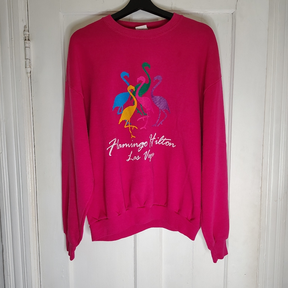 Vintage 80s Flamingo Las Vegas Crewneck Sweatshirt Hot Pink Women's Size XL - Picture 2 of 7